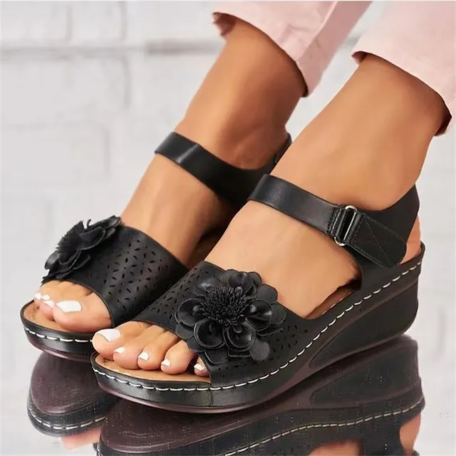 Women's Sandals Slippers Wedge Sandals Plus Size Outdoor Beach Summer Flower Wedge Heel Vintage Elegant Casual PU Magic Tape Solid Color Black White Red