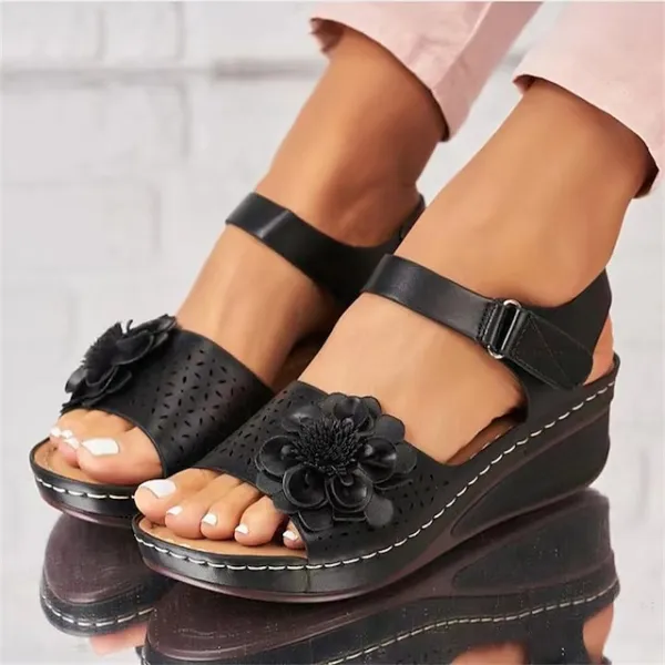 Women's Sandals Slippers Wedge Sandals Plus Size Outdoor Beach Summer Flower Wedge Heel Vintage Elegant Casual PU Magic Tape Solid Color Black White Red