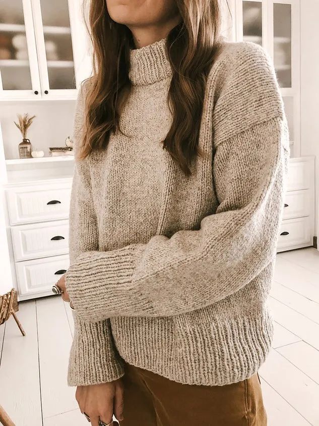 High Neck Long Sleeve Solid Classic Knitting Pattern Sweater