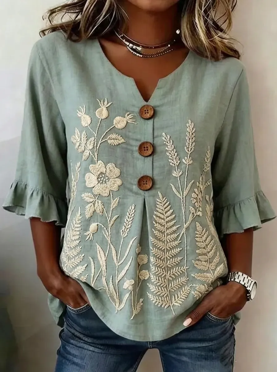 Women's Nashville Botanical Floral Embroidered Button-Down Top