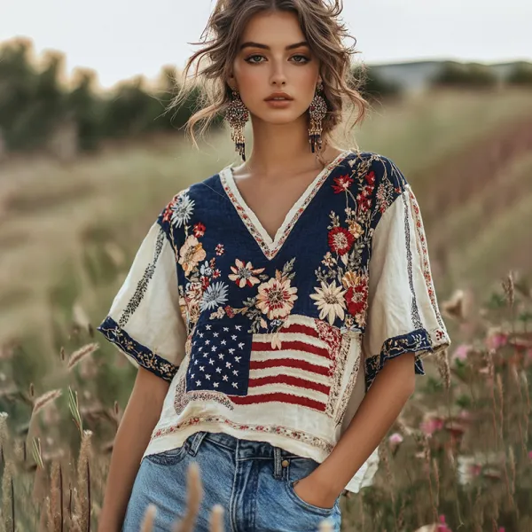 Women's Independence Day Flag Flower Embroidered Art Linen T-shirt