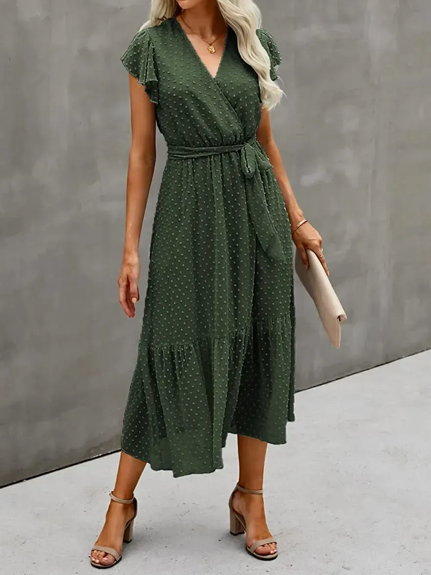 Women Summer Bohemian Floral Casual Wrap V Neck Ruffle Cap Sleeveless Belt A-Line Pleated Hem Swing Midi Sun Dress