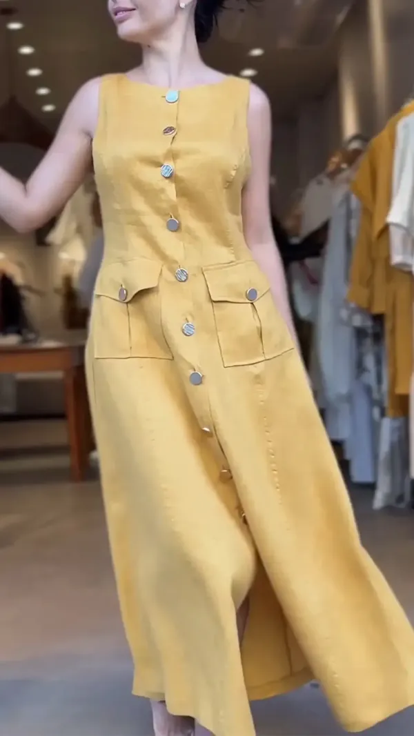 Women's Round Neck Sleeveless Casual Button Double Pocket Design Dress