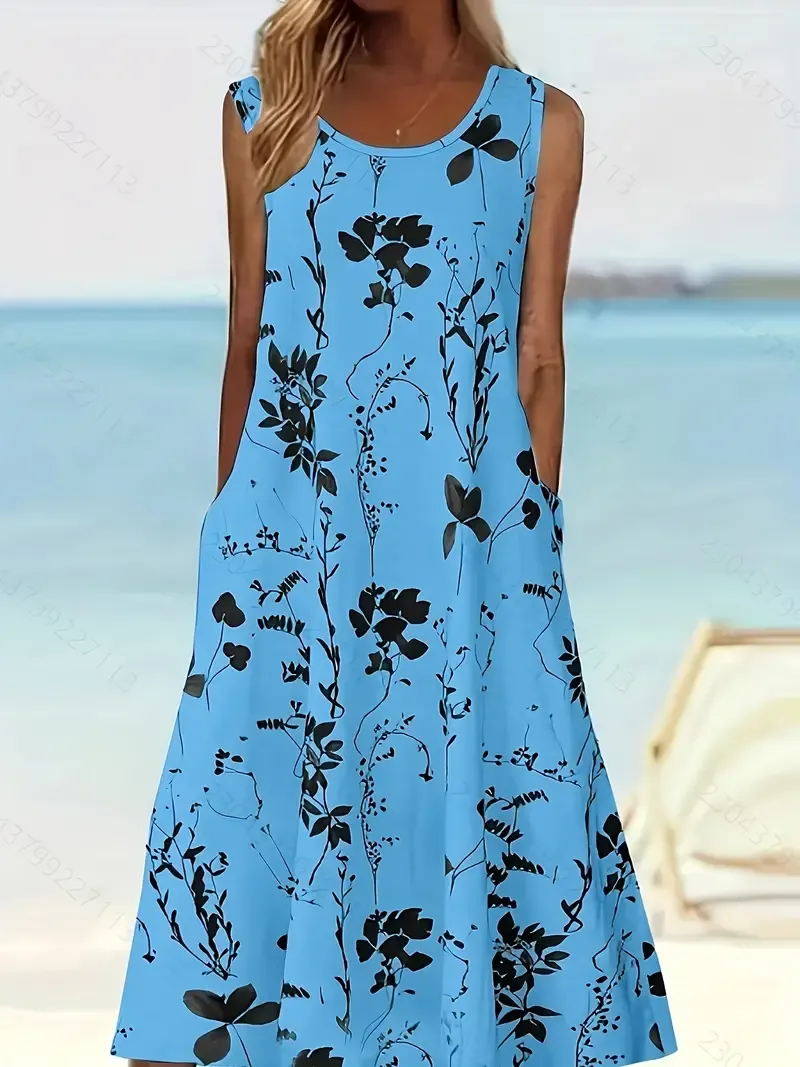 Plus Size Floral Print Dress, Casual Sleeveless Polyester Knit Fabric with Pockets, Spring/Summer Collection, Knit Dress