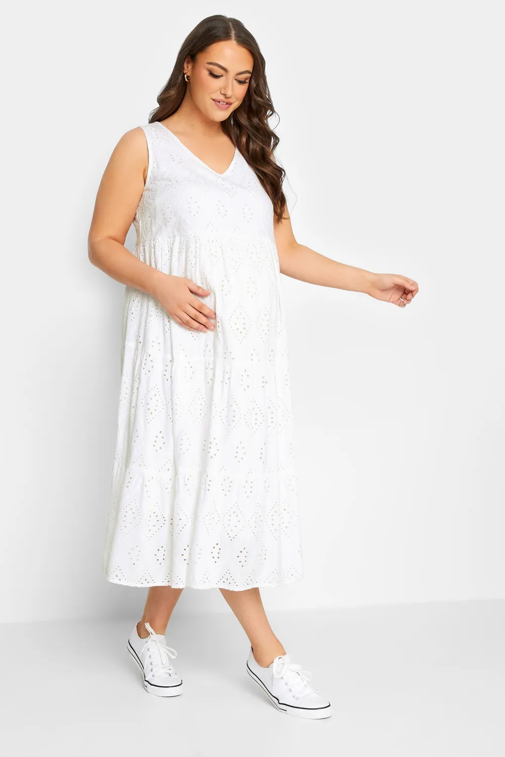 BUMP IT UP MATERNITY Curve Sage Green Broderie Anglaise Tiered Midi Dress
