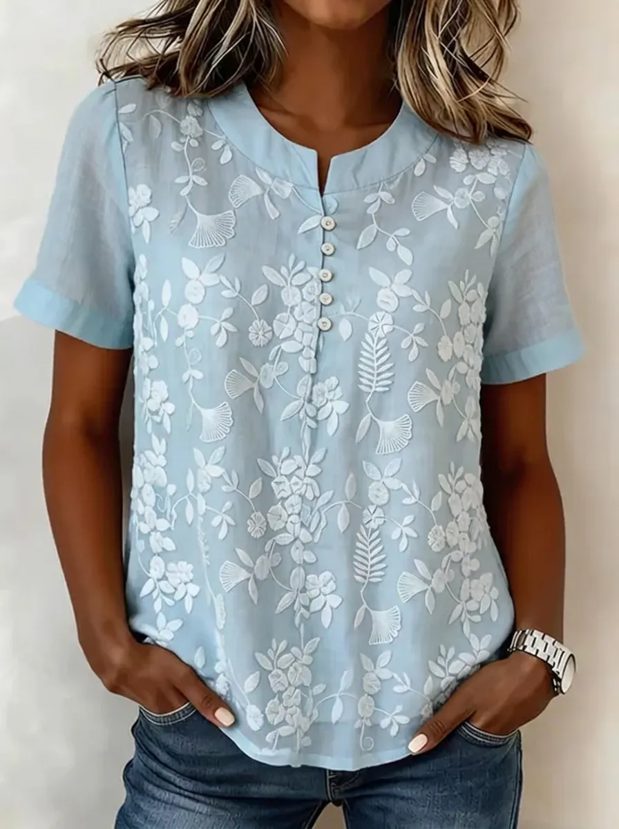 Women's Nashville Floral Embroidered Button-Down Printed Top