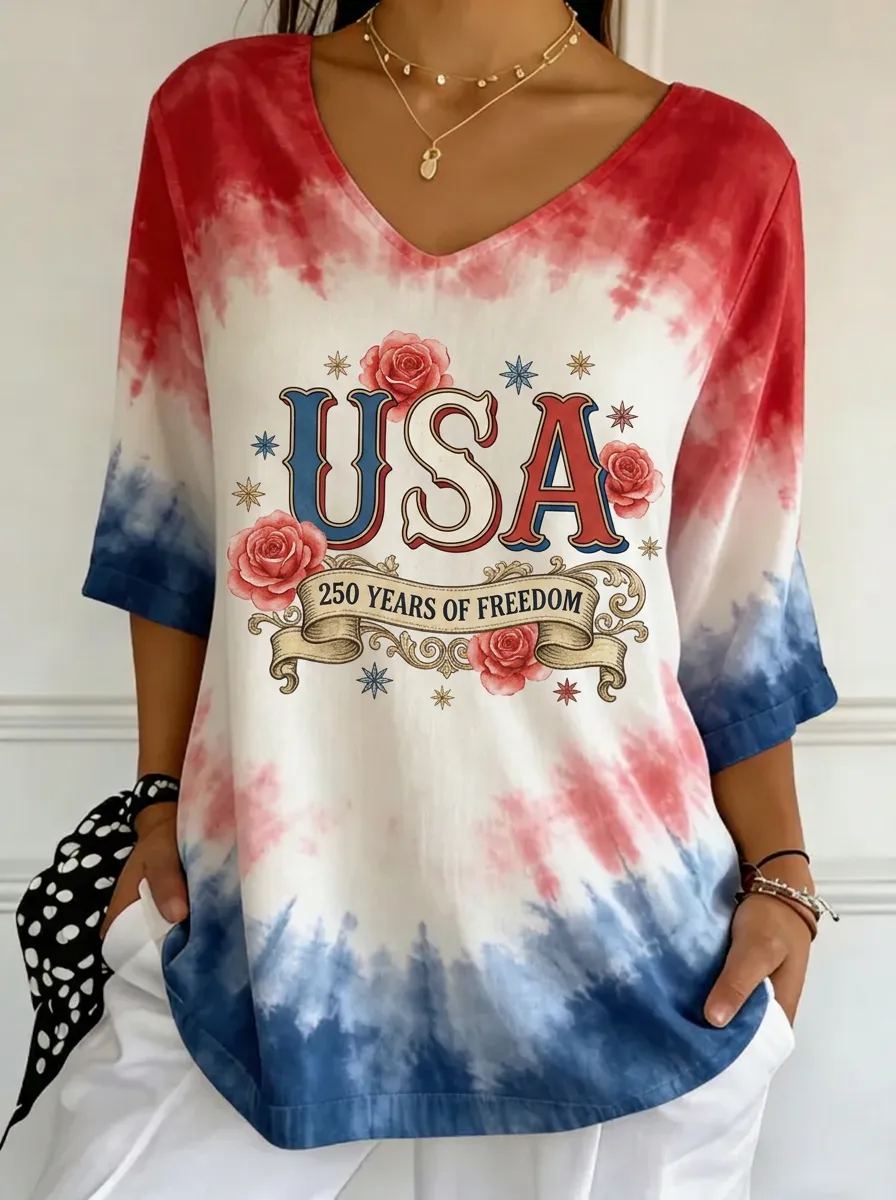 Women's USA 250 Years Freedom Rose Floral Printed Tie-Dye T-shirt