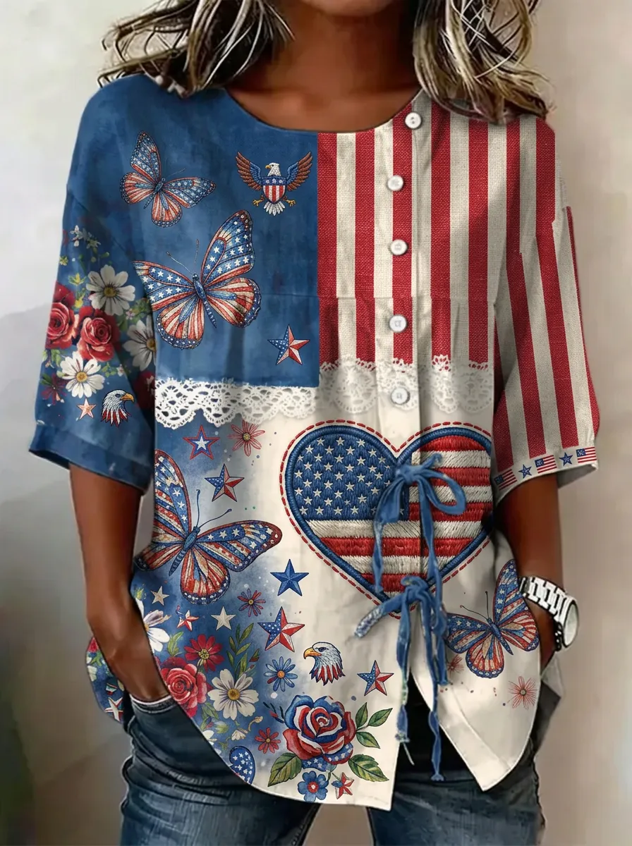 Women's USA Patriotic Butterfly Heart Printed Button-up Top
