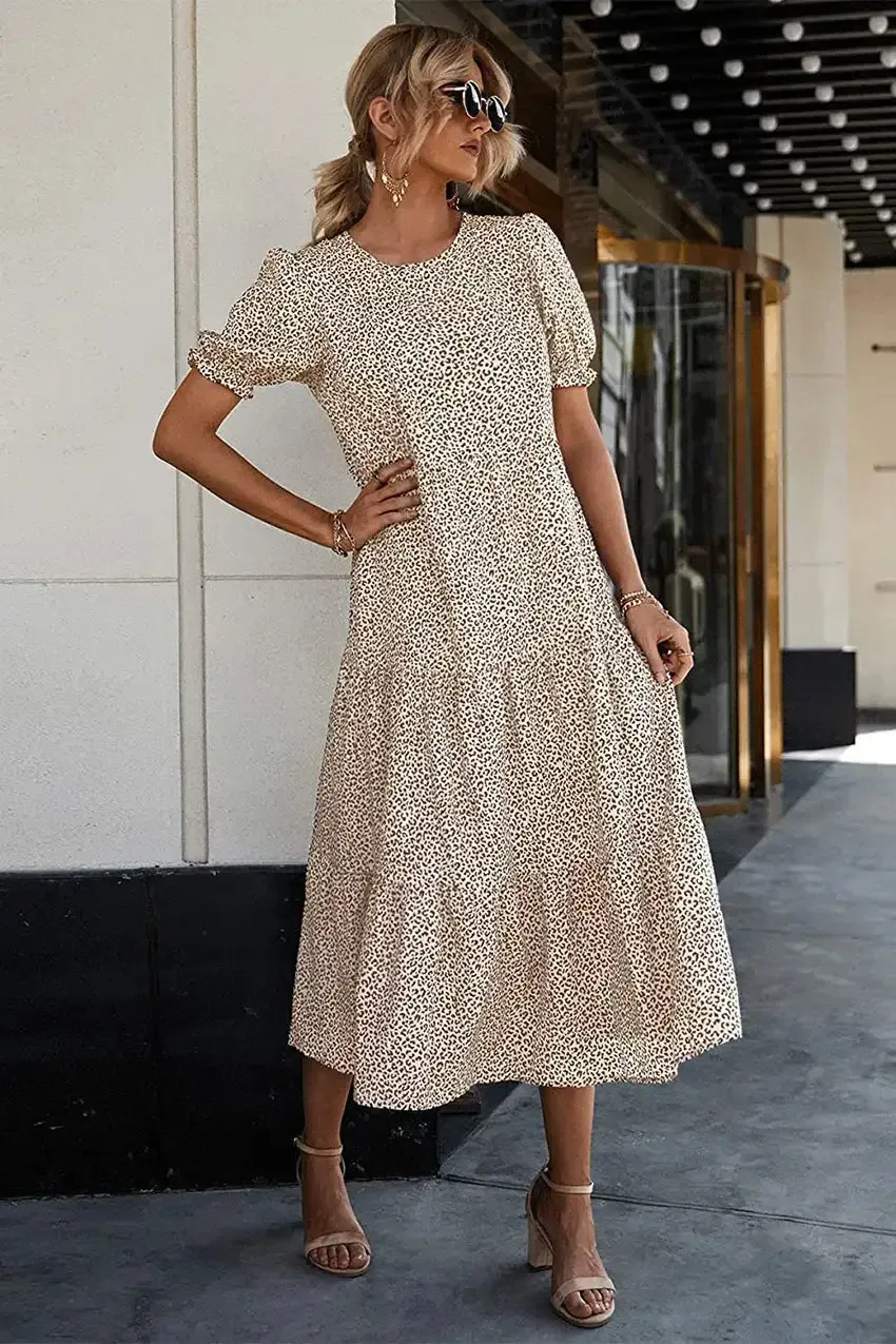 Floral Print Ruffle Puff Sleeve High Waist Midi Dresses