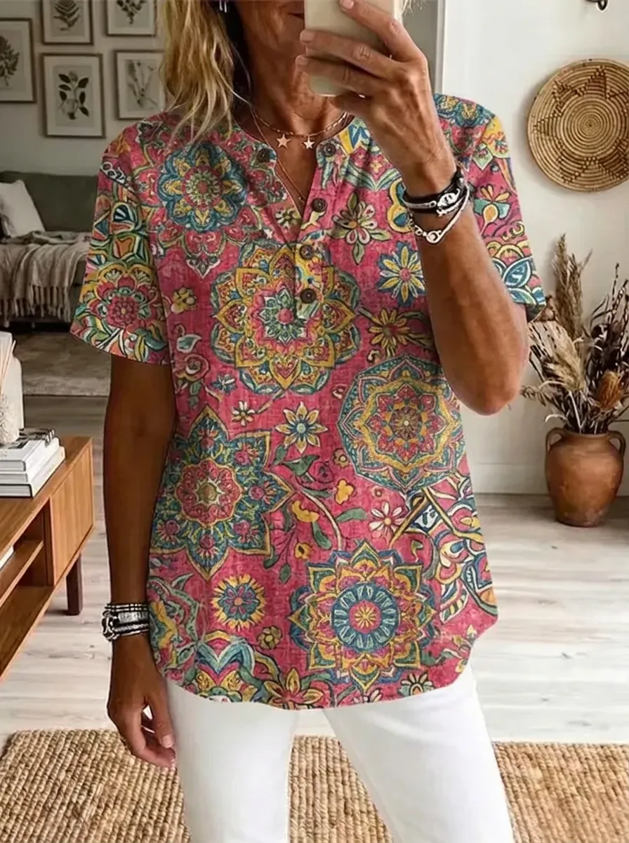 Women's Nashville Boho Mandala Printed Henley Shirt