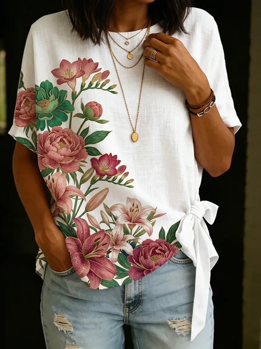 Women's Nashville Floral Botanical Printed Side-Tie T-shirt