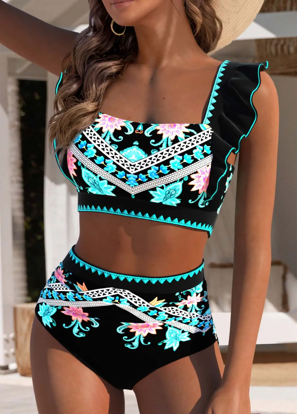 Circular Ring Mid Waisted Tribal Print Black Bikini Set
