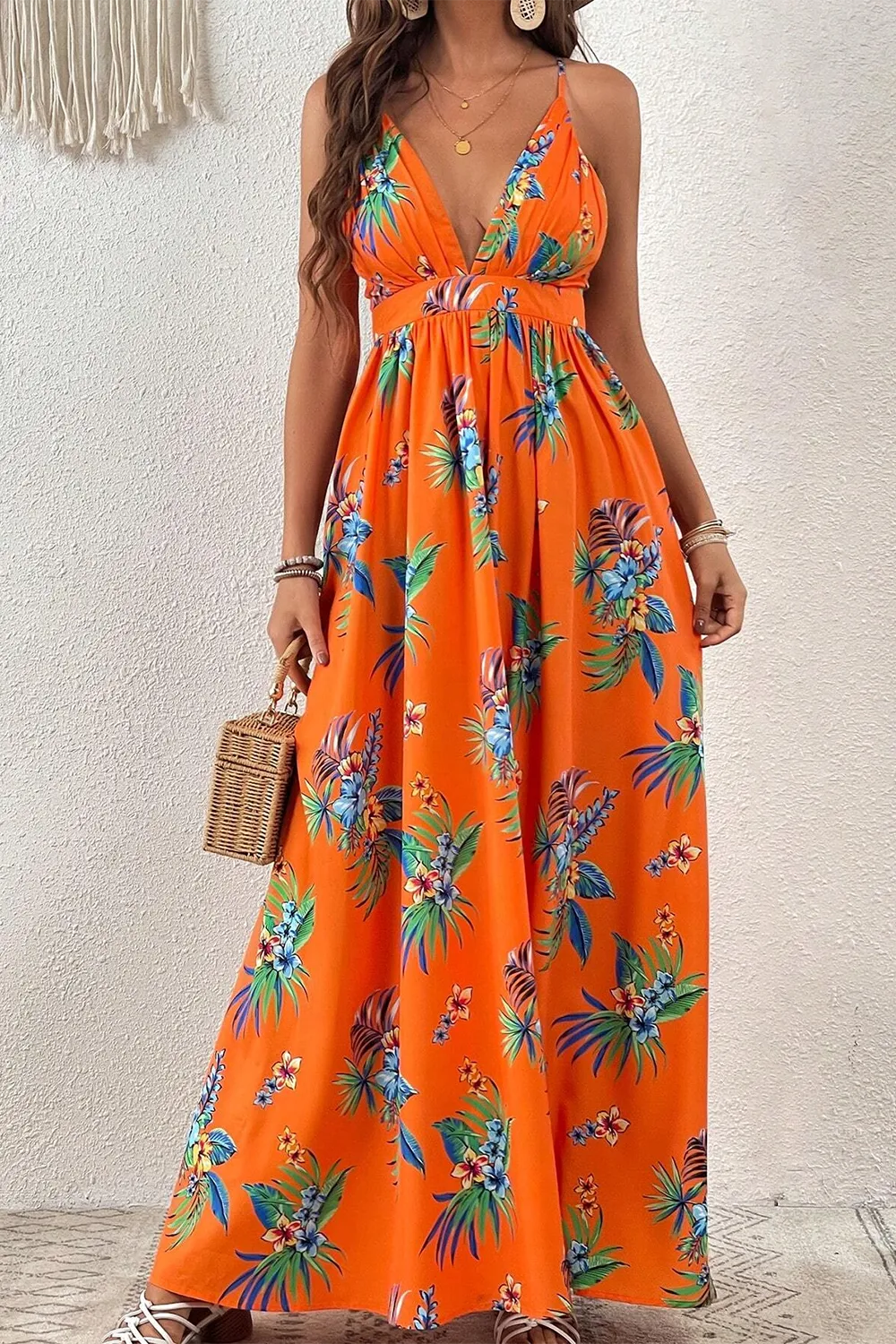 Women's Plant Printed Spaghetti Strap Dress