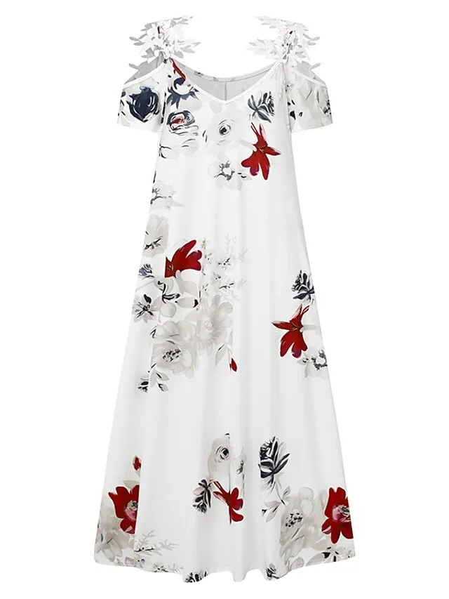 Women's Casual Dress Floral Dress Long Dress Maxi Dress Black White Blue Short Sleeve Floral Cold Shoulder Spring Summer V Neck Fashion Daily Vacation Weekend 2023 S M L XL XXL 3XL
