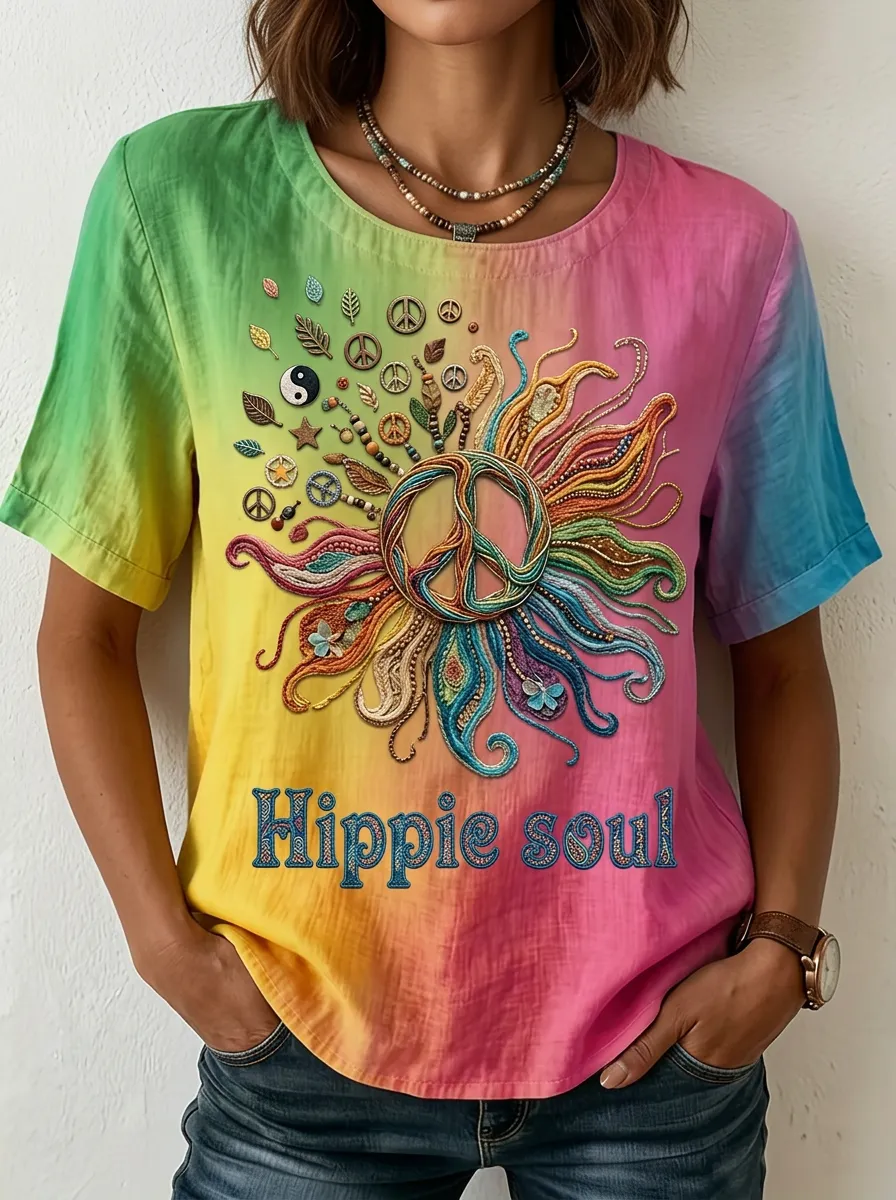 Women's Nashville Hippie Soul Peace Sign Tie-Dye Printed T-shirt