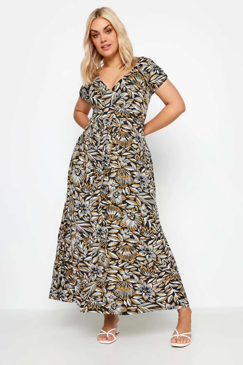 YOURS Curve Black Leaf Print Tiered Maxi Dress
