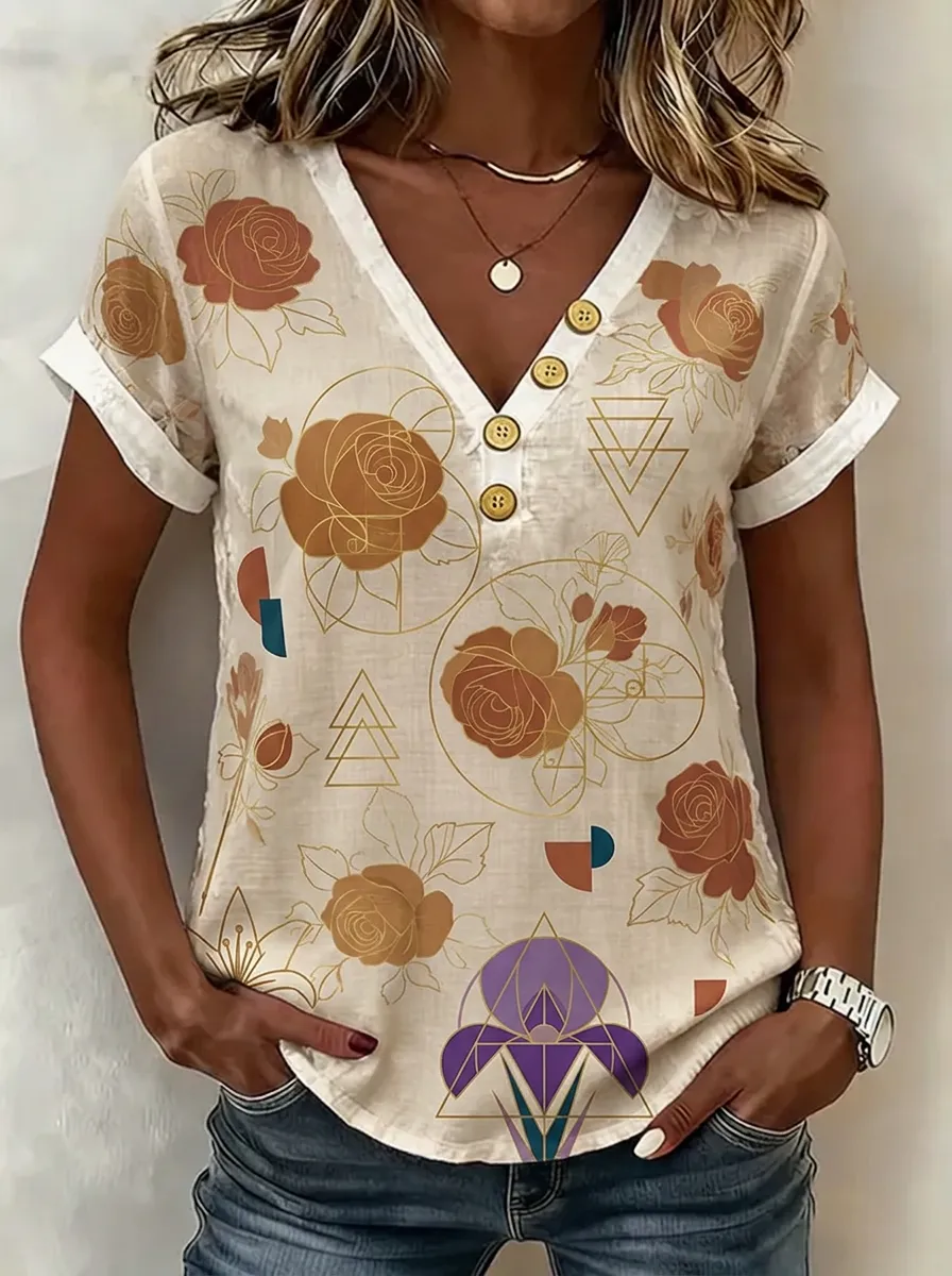 Women's Nashville Floral Geometric Printed V-Neck Button Top