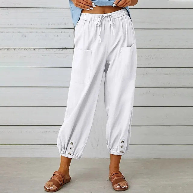 Women's Pants Trousers Linen Cotton Blend Pocket Ankle-Length Black Spring & Summer