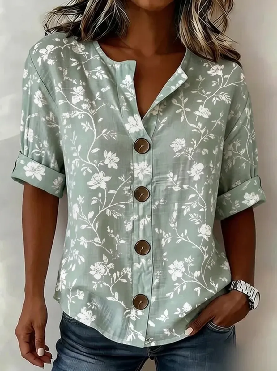 Women's Nashville Floral Botanical Printed Button-Down Shirt