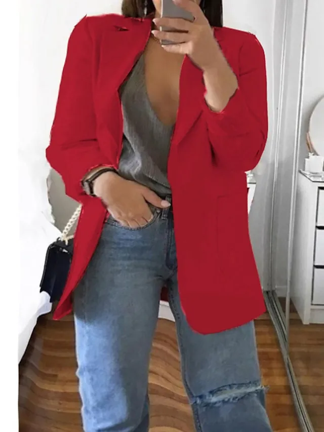Women's Plus Size Curve Blazer Spring Work to Wear Office Jacket with Pocket Long Sleeve Peaked Lapel Fall Winter