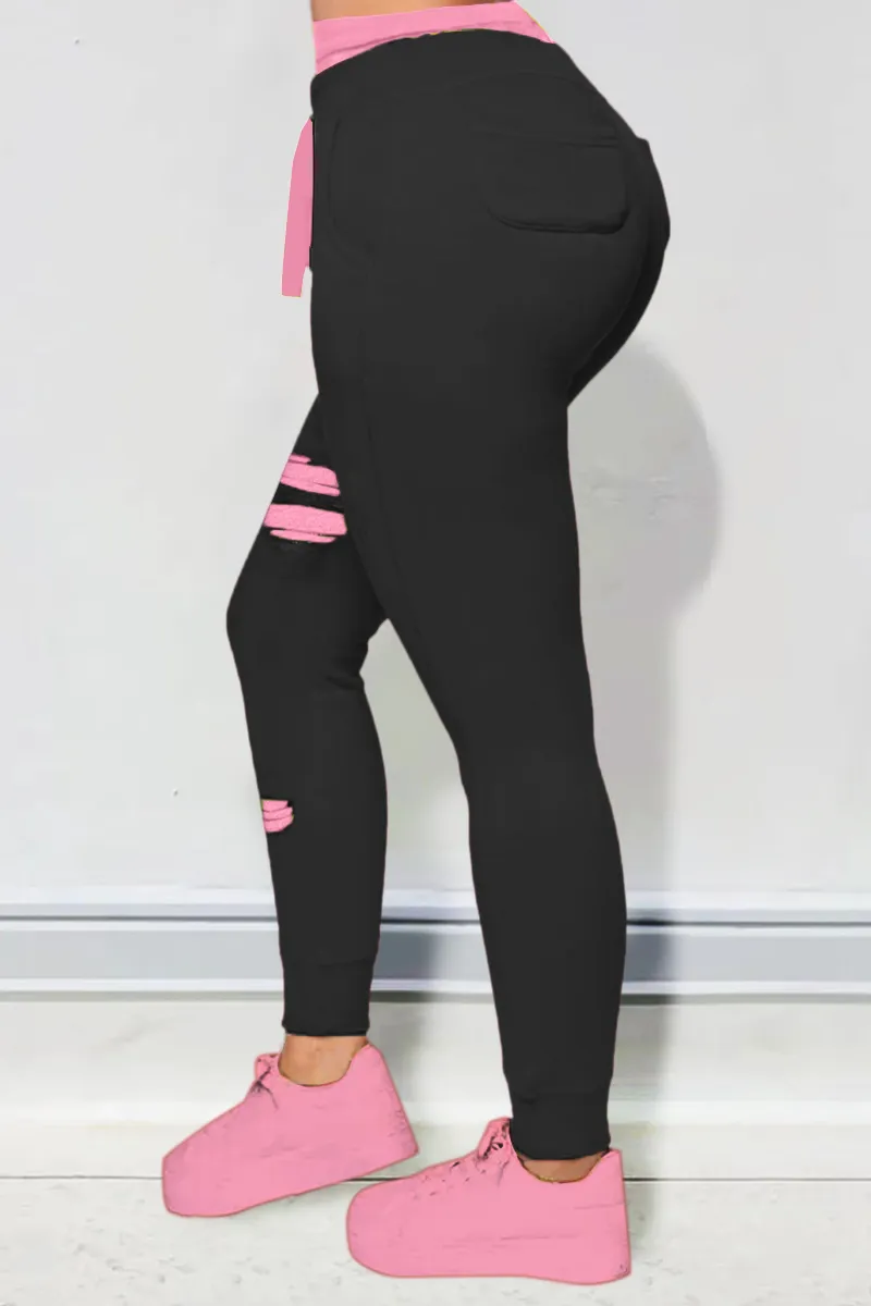 Letter Print Drawstring Ripped Pants