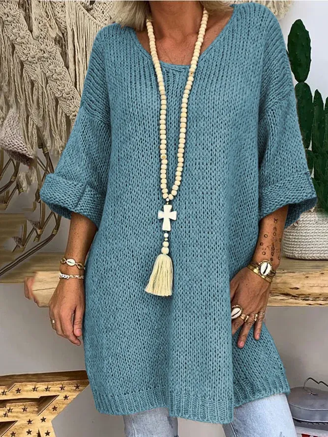 Women 3/4 Sleeves V-Neck Solid Knitted Sweaters