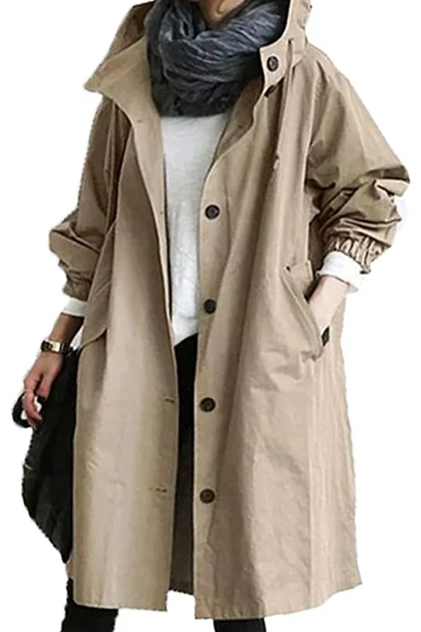 Solid Single Breasted Buttons Hooded Trench Coat