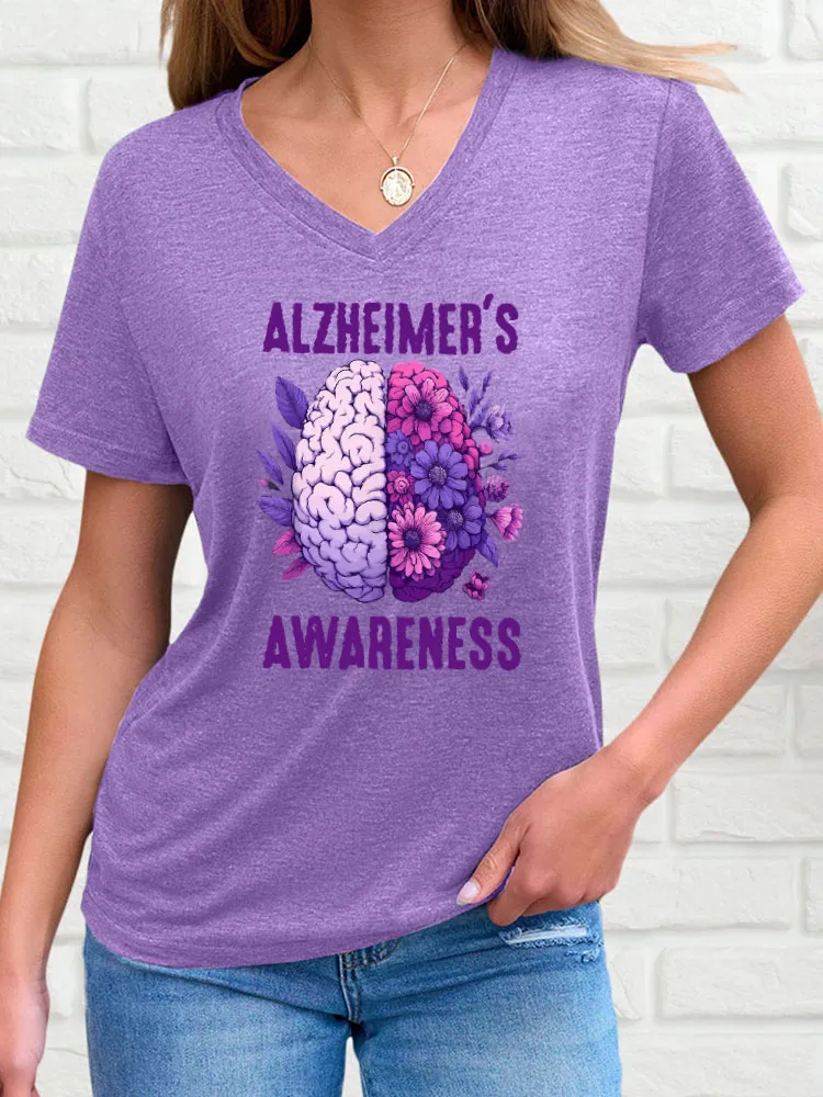 Women'S V-Neck Short-Sleeved T-Shirt Alzheimer'S Awareness Sunflower Prints