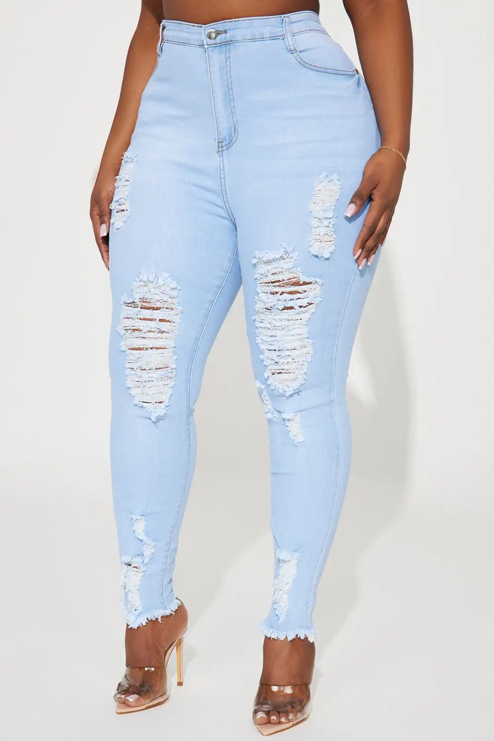 Kenley Distressed HIgh Rise Skinny Jeans - Light Blue Wash