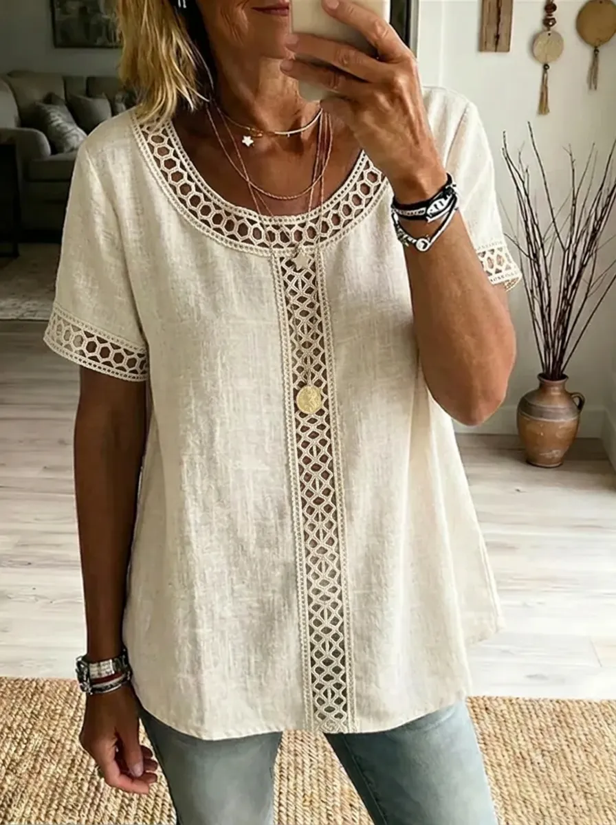 Women's Nashville Country Style Crochet Trimmed Linen Top