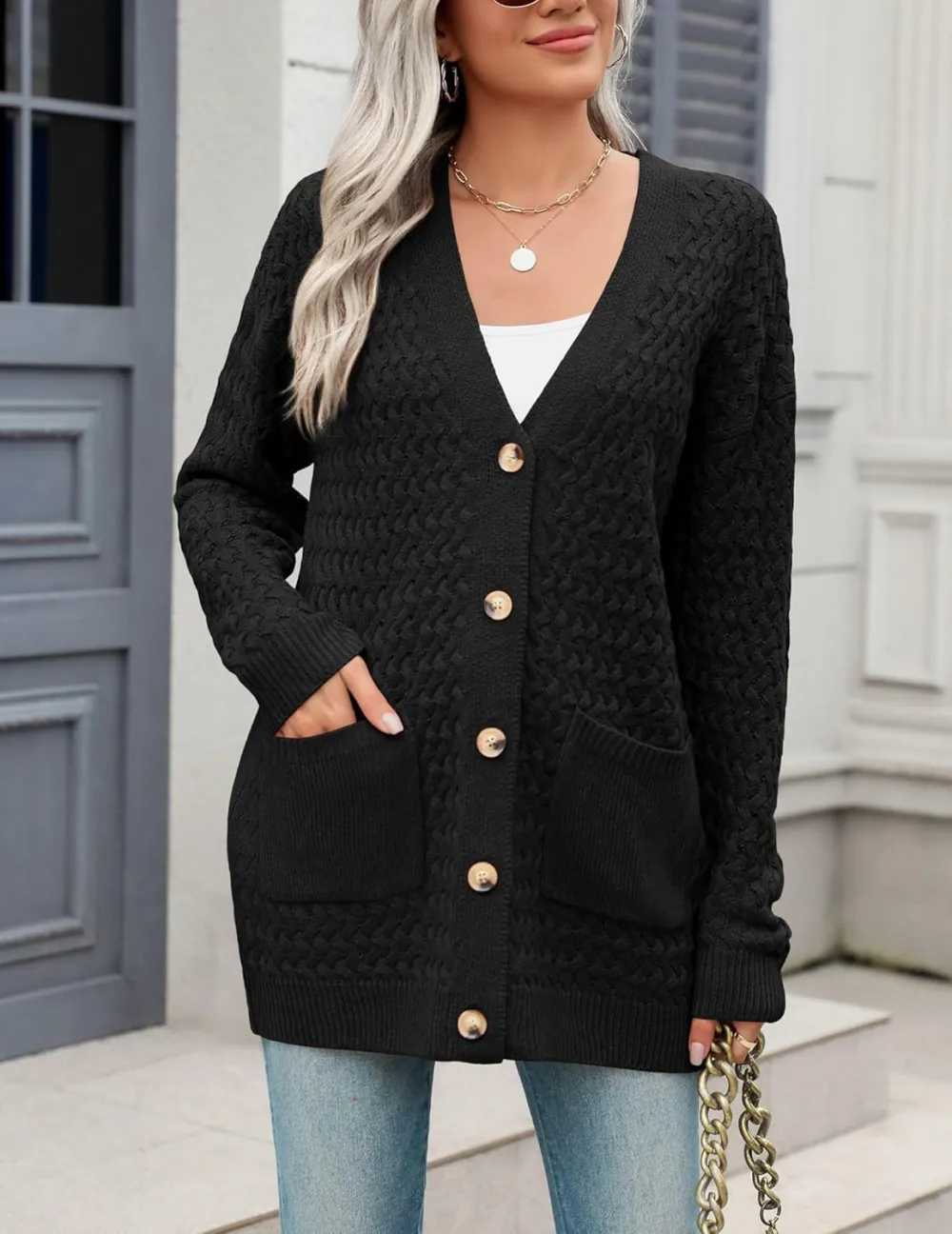 Womens 2024 Long Sleeve Chunky Cable Knit Fall Cardigans Sweaters Button Down Open Front Outerwear with Pockets
