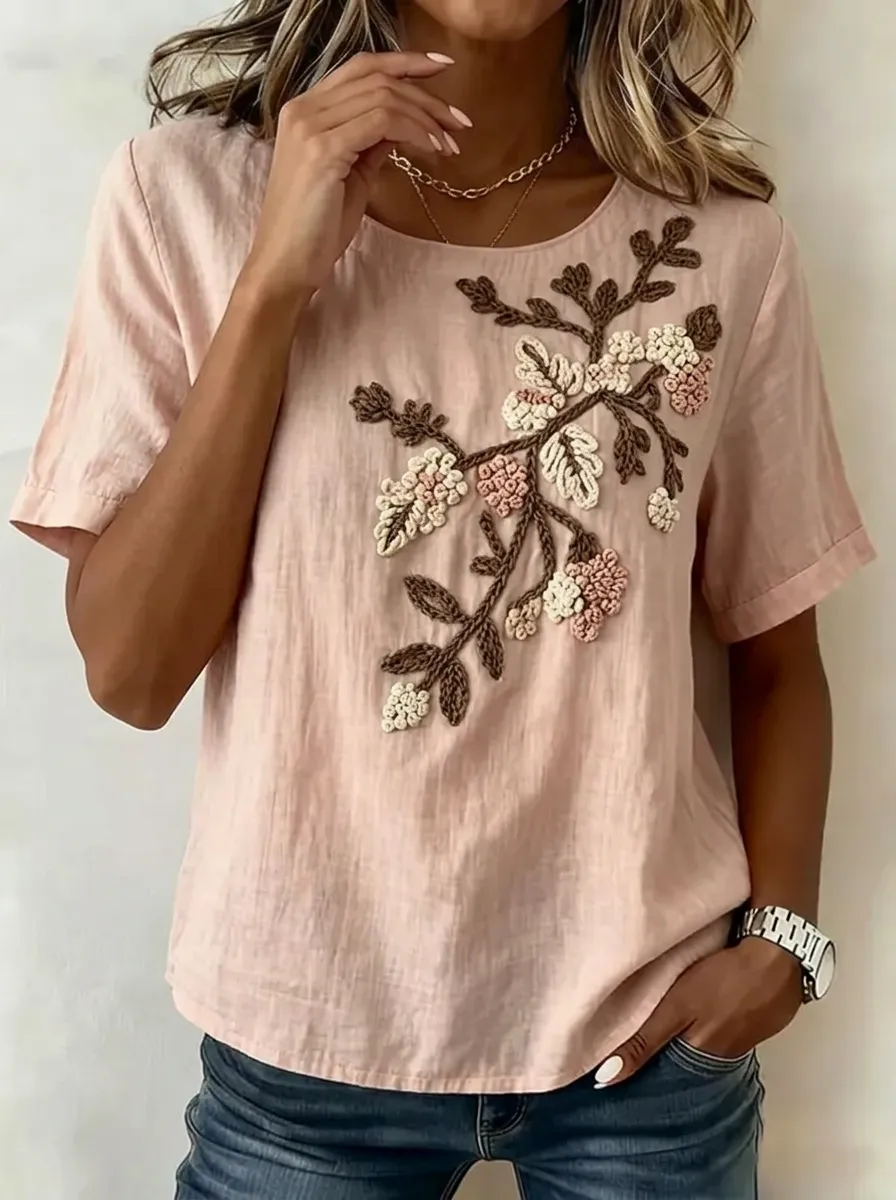 Women's Nashville Floral Branch Embroidered Printed T-shirt