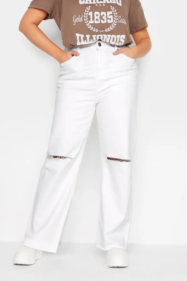 Yours Curve White Ripped Wide Leg Jeans