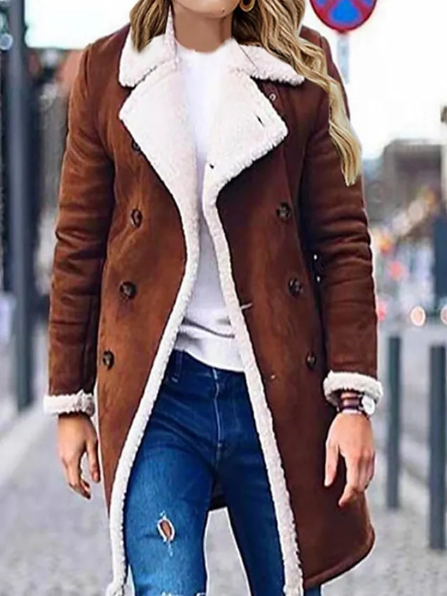 Women's Suede Sherpa Jacket Fall Long Fleece Shearling Jacket Winter Double Breasted Lapel Overcoat Windproof Warm Pea Coat Streetwear Jacket  Modern Casual Outerwear Long Sleeve