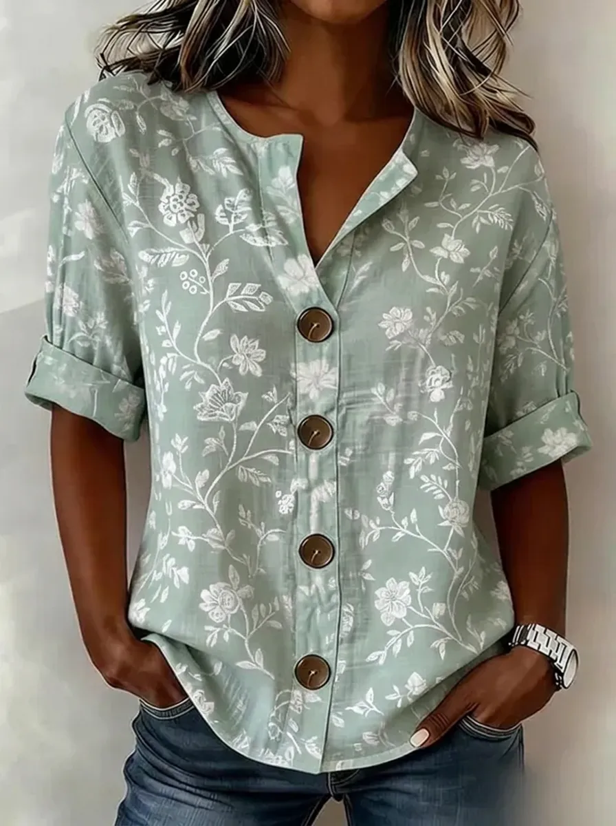 Women's Nashville Floral Botanical Printed Button-Down Shirt