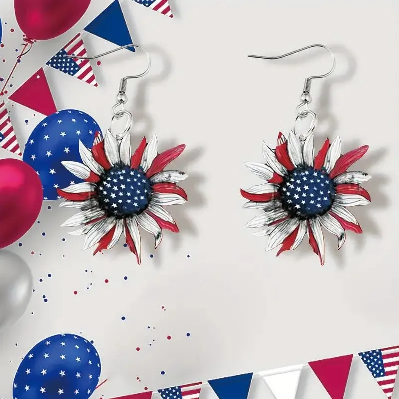 American Independence Day Sunflower Flower Art Earrings
