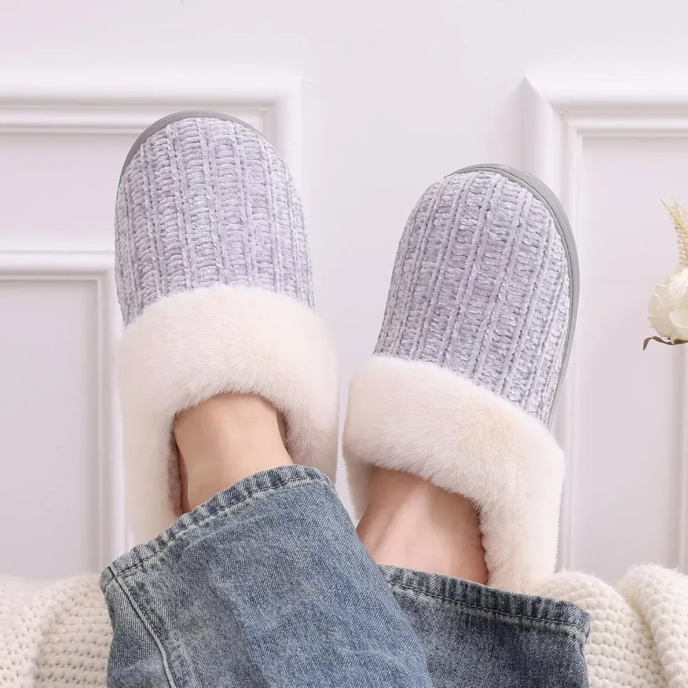 Warm Knit House Slippers for Women Comfy Wool-Like Lined Chenille Slippers with Memory Foam and Indoor Outdoor Soles