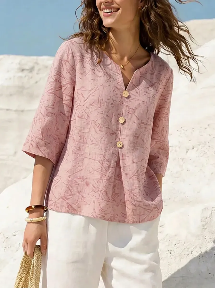 Women's Nashville Travel Abstract Print Buttoned V-neck Printed Top