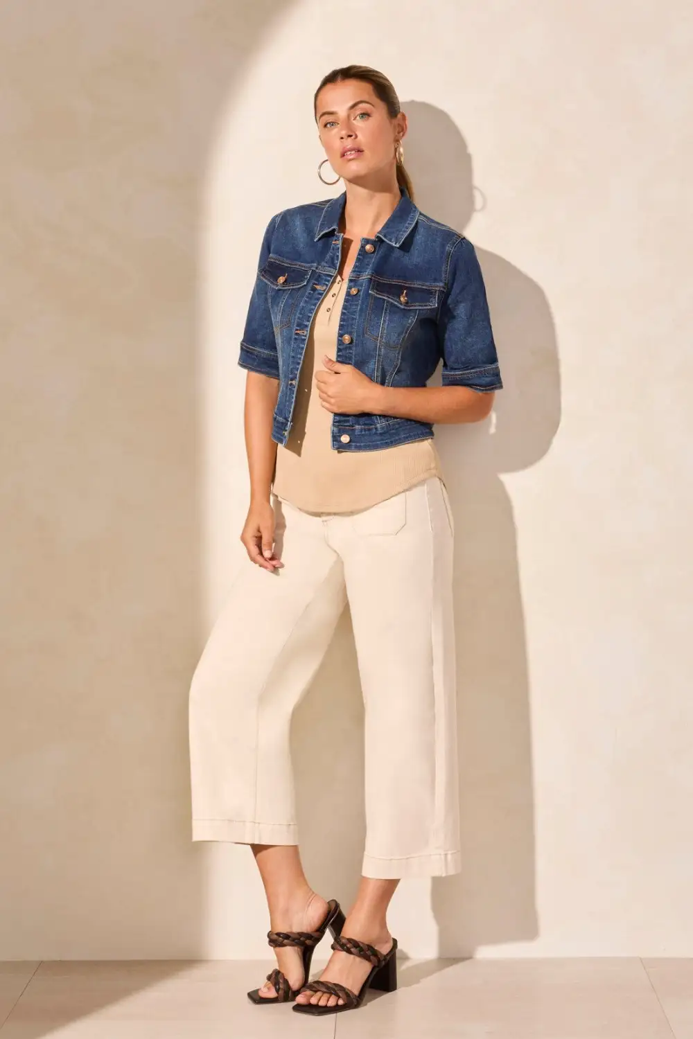 Comfort Stretch Elbow-Sleeve Denim Jacket-Stormyblue