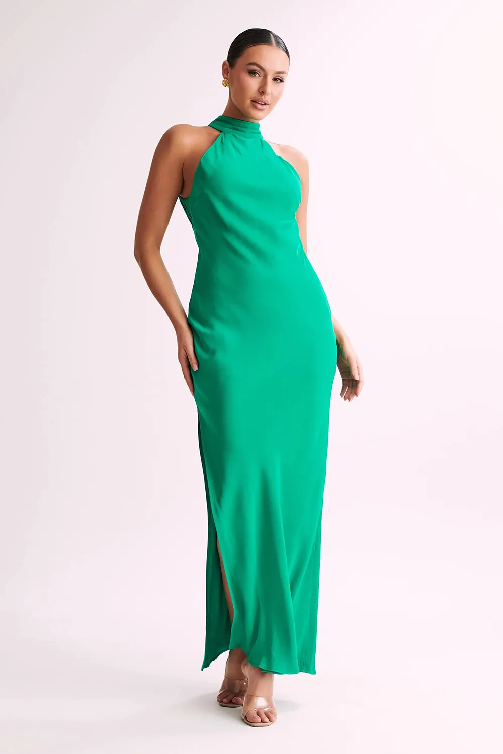 Satin Drape Back Maxi Dress with Split - Black