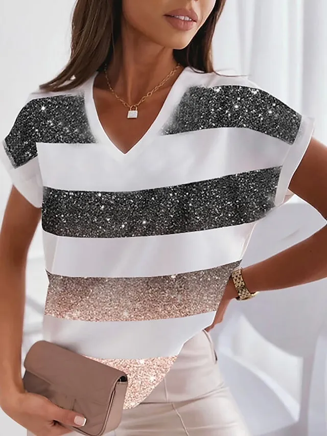 Women's T shirt Tee Color Block Heart Feather Dolman Sleeve Silver Black White Print Short Sleeve Daily Weekend Basic V Neck Regular Fit