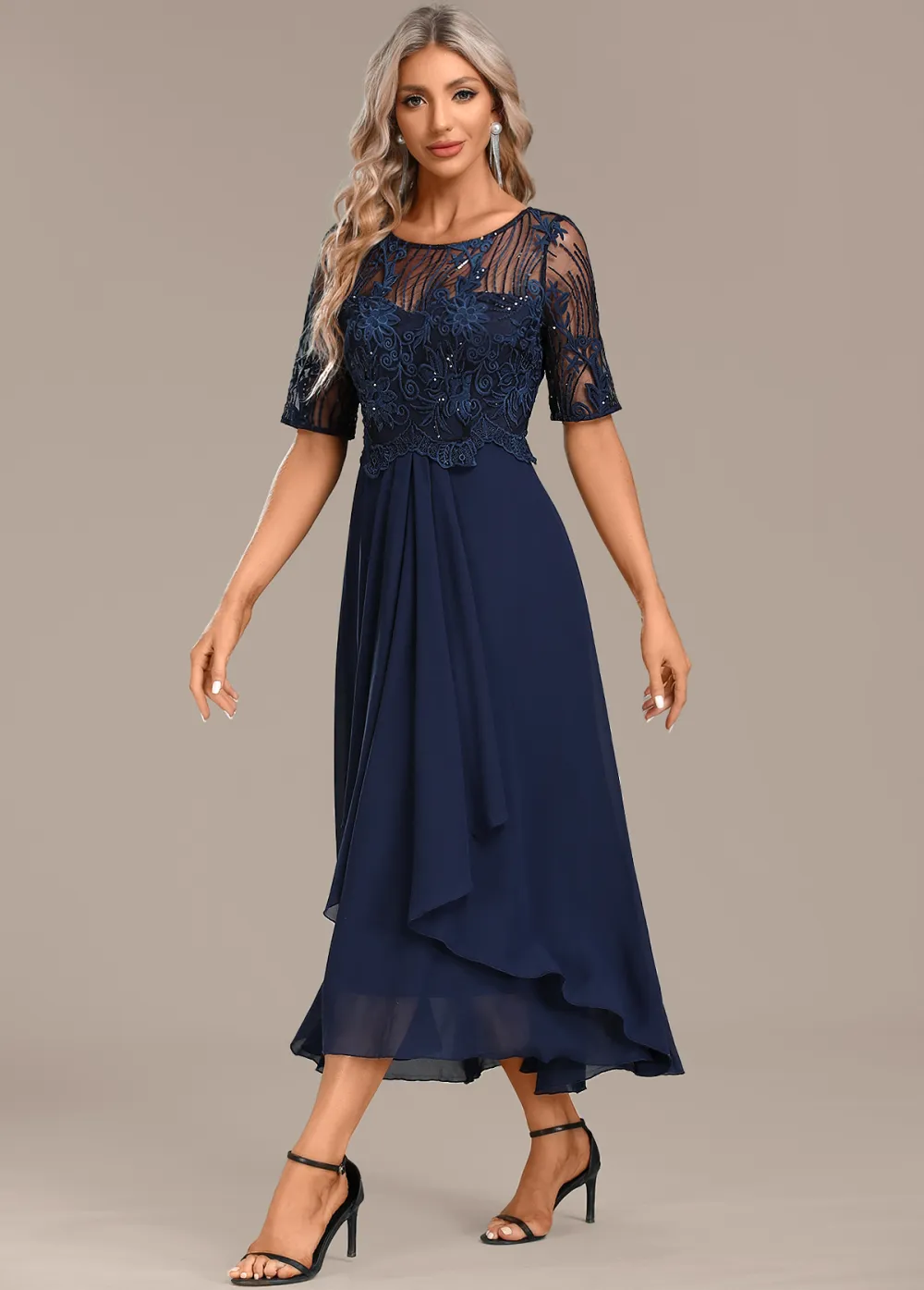 Navy Lace Short Sleeve Round Neck Dress