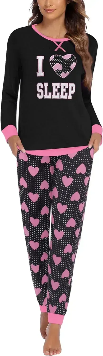 Women's Pajamas Sets Long Sleeve with Plaid Pants Soft Sleepwear O Neck 2 Piece Pjs Joggers Loung Set with Pockets