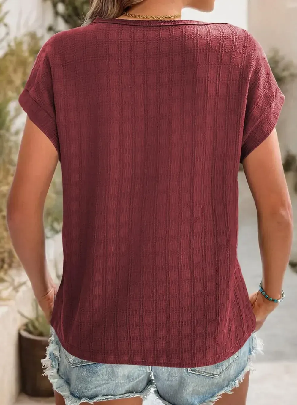 Dokotoo Tops for Women Trendy Summer Casual Cap Short Sleeve Basic Textured Solid Color Round Neck T Shirts Blouse