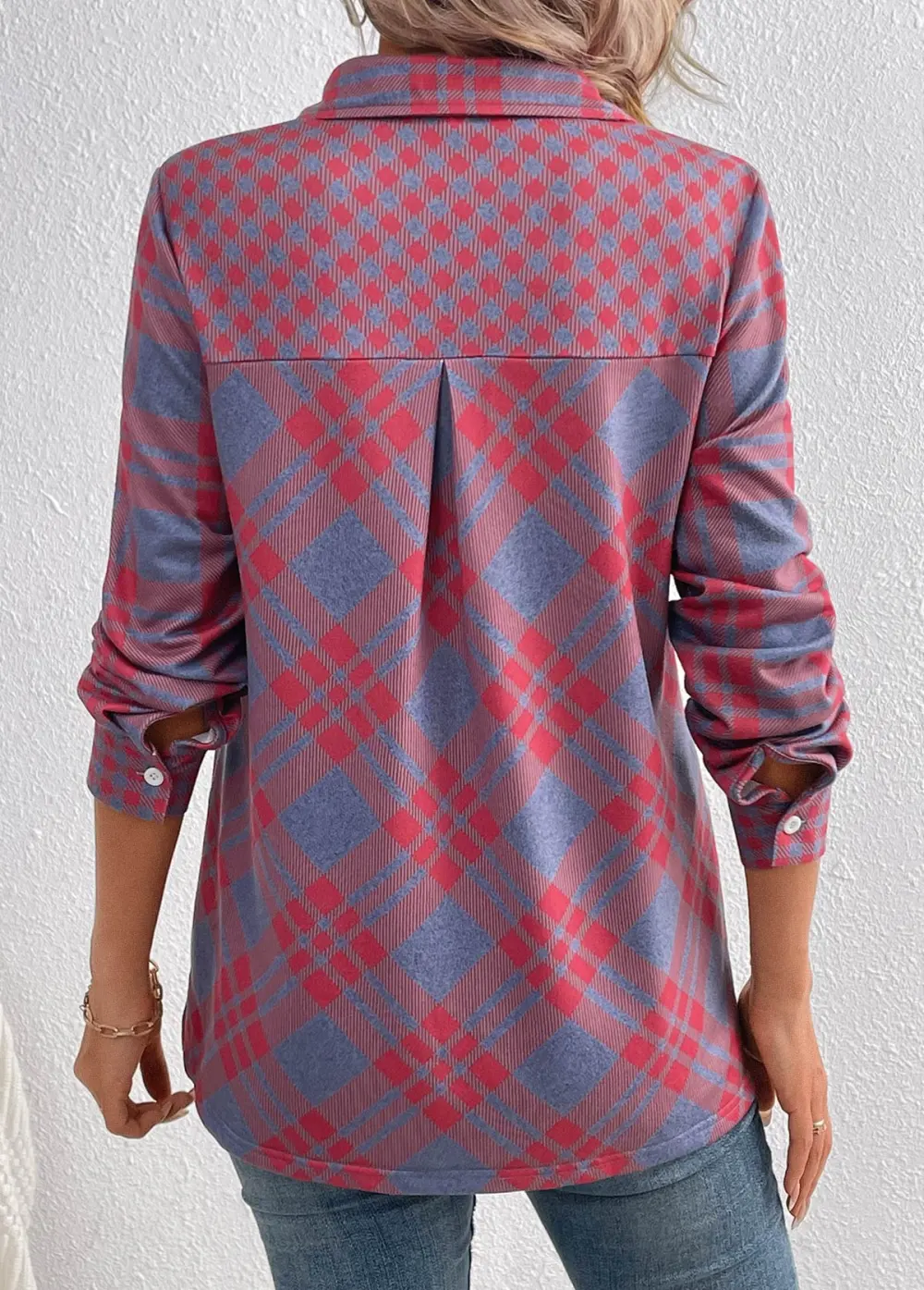 Red Button Plaid Long Sleeve Shirt Collar Blouse