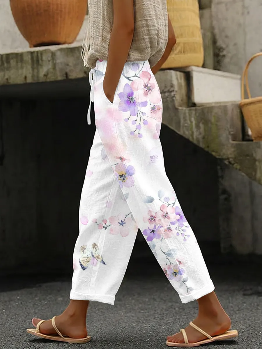 Women's Casual Simple Floral Linen Pants
