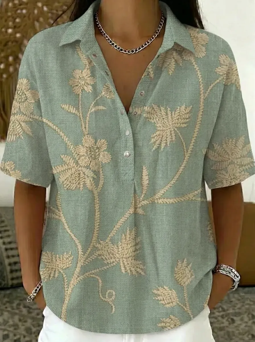 Women's Nashville Floral Botanical Printed V-neck Shirt