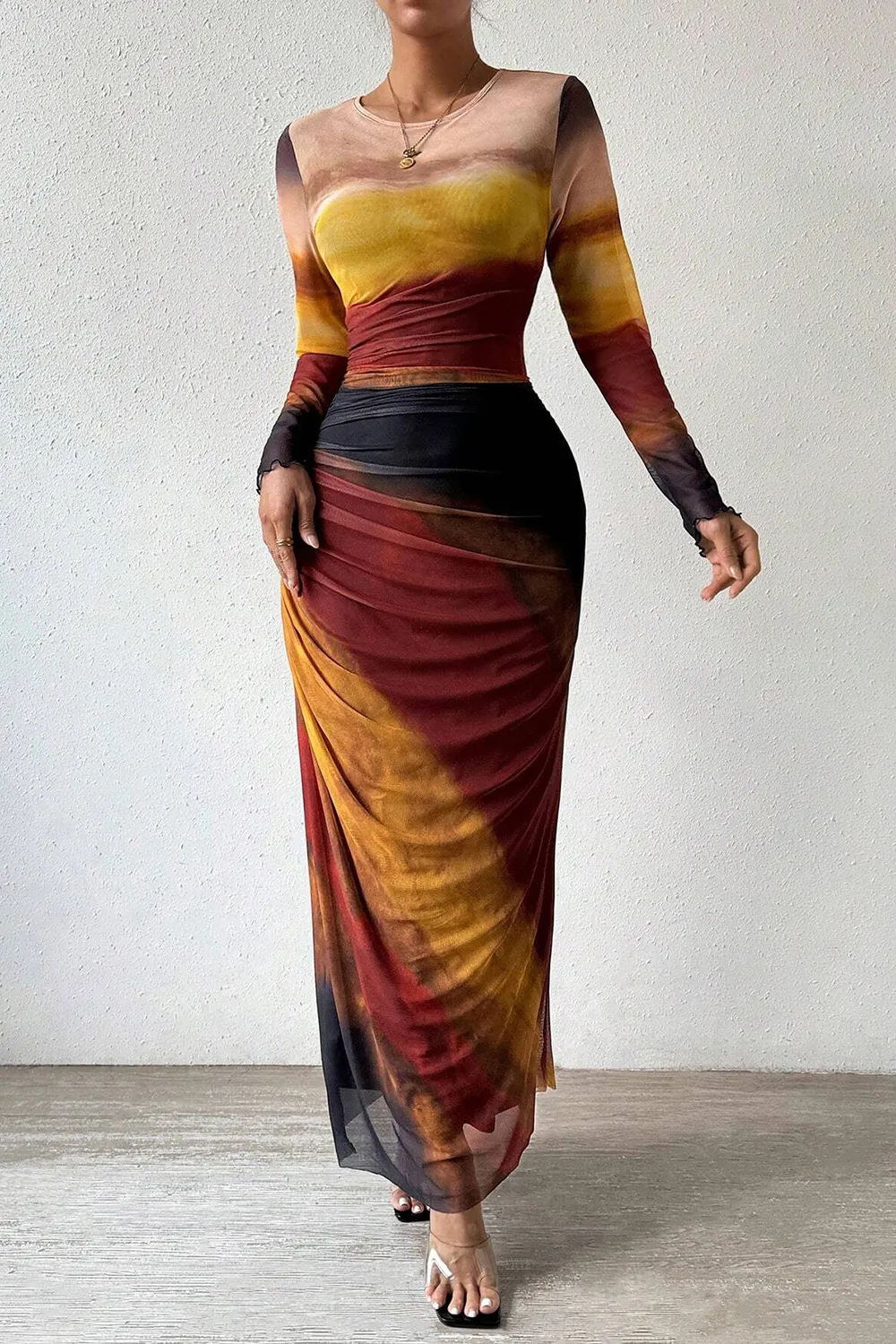 Women's Tie Dye Long Sleeve Pleated Dress Multicolor