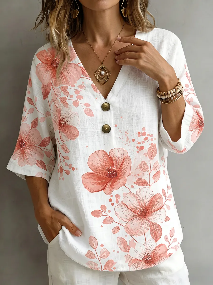 Women's Nashville Floral Botanical Printed V-Neck Button Top