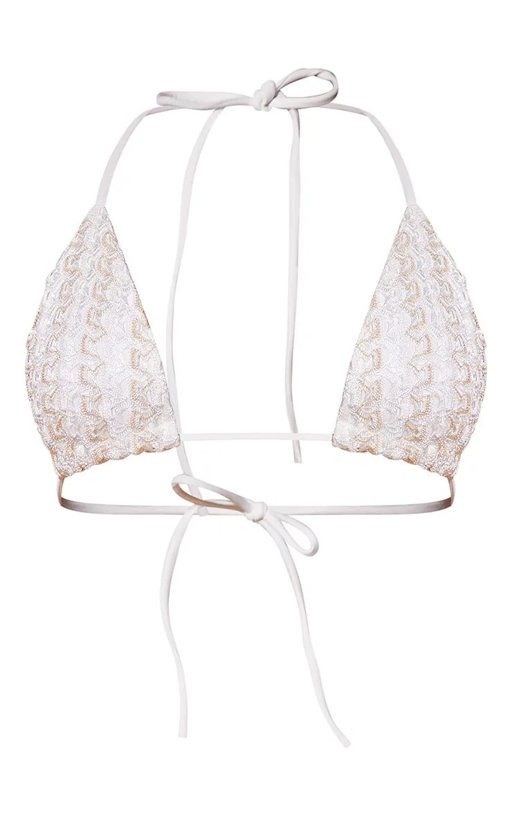 Cream Metallic Netted Crochet Triangle Bikini Top